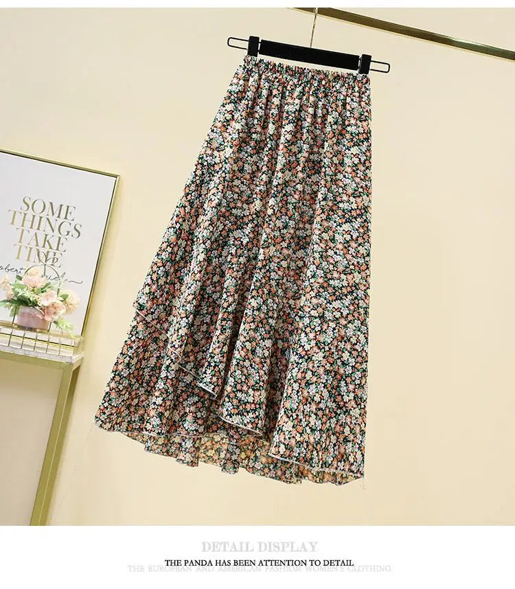 High Waist A-Line Floral Print Skirt Conceals Hip plus Size Women's Casual Long Skirt Comfortable Polyester Fabric Summer New...