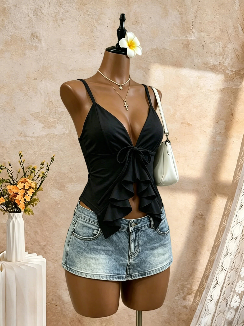 Women Thin Spaghetti Strap V Neck Front Big Tie Ruffle Cutout Slim Camisole 2026 Summer Y2K Going Out Streetwear Tank Tops