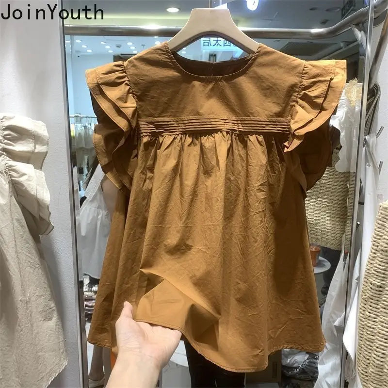 Women's Korean Style Ruffle Blouse – Loose O-Neck Flying Sleeve Vintage Top