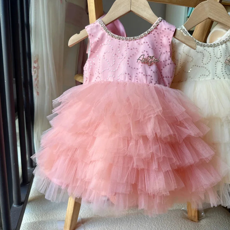 Baby Girls Sequin Tutu Dress for Kids Ruffles Layered Cake Birthday Party Gown Children Fashion Wear Sleeveless Formal Wear