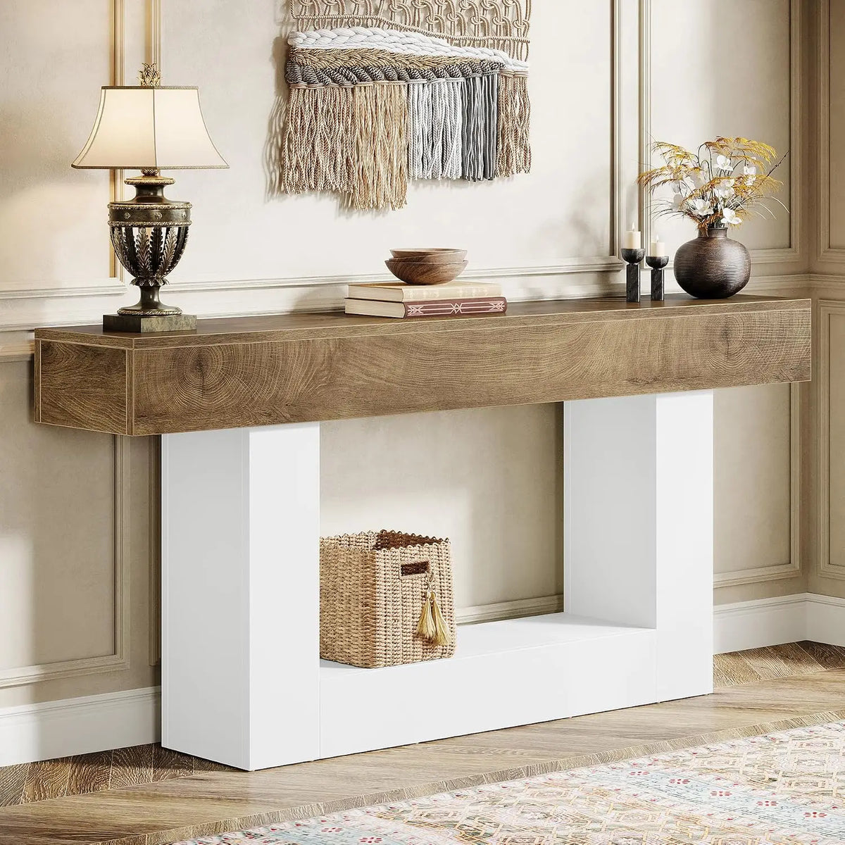 63" Farmhouse 2-Tier Console Table with U-Shaped Base, Narrow Long Wood Sofa Table for Entryway Living Room Hallway, Brown & Whi