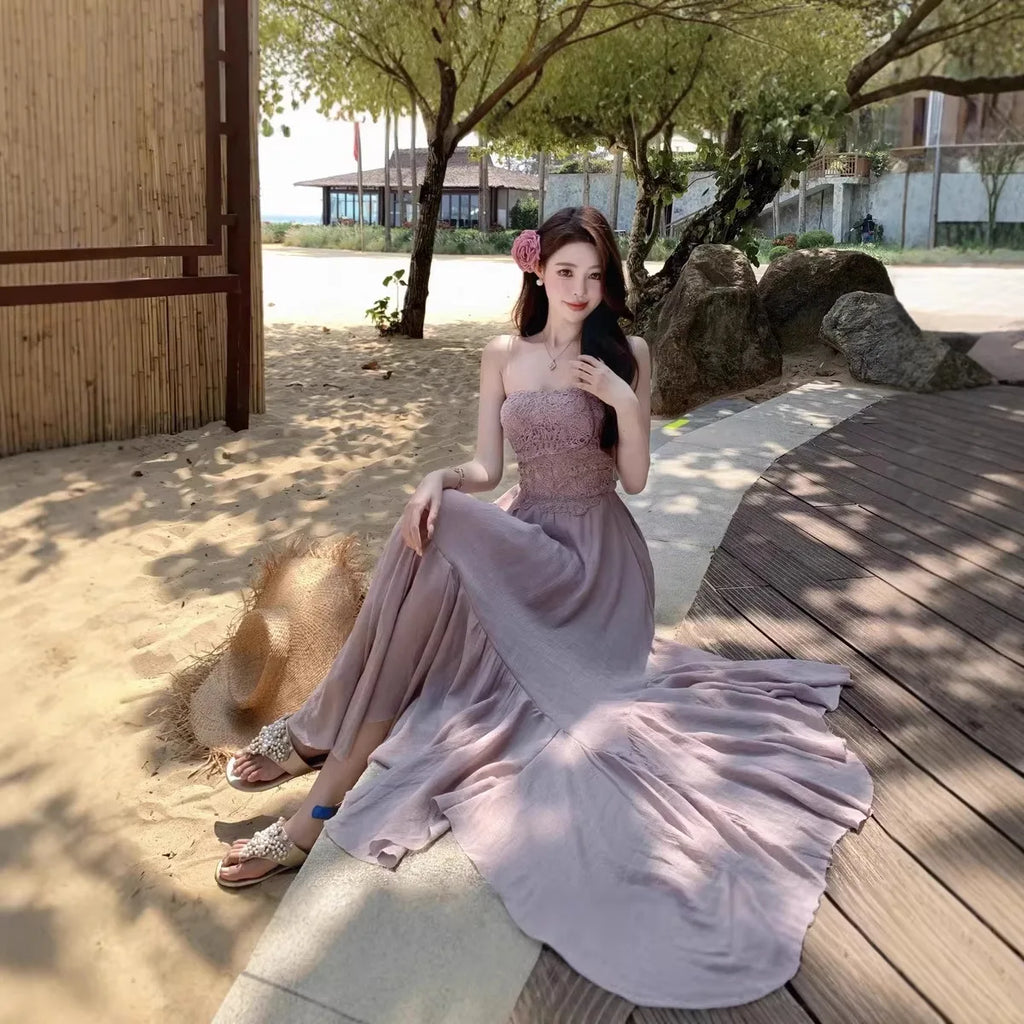 Slimming Dry Rose Splicing Tube Top Beach Dress Women's Style Long A-Line Skirt High Waist No Sleeve Shoulderless Polyester