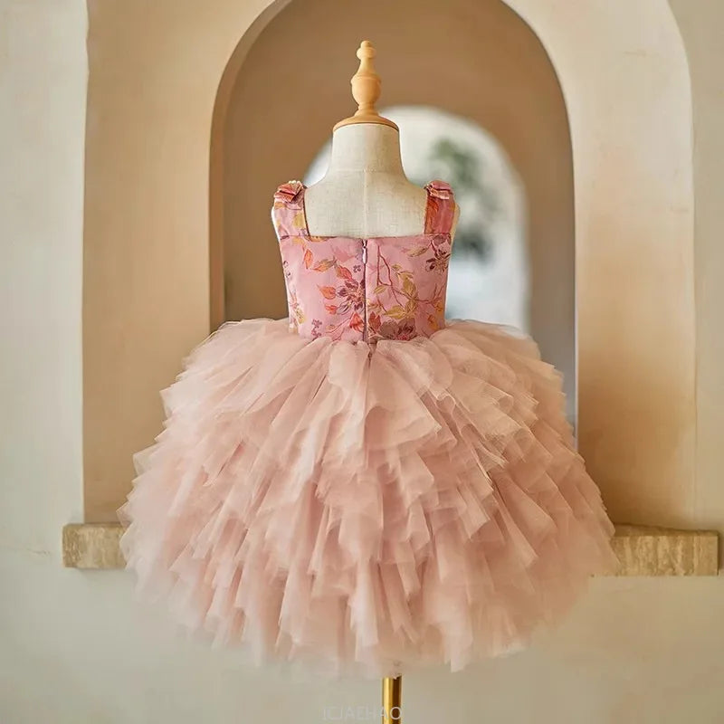 Party Dresses For Girls Vestido Children Pink Strapless Kids Tulle Tutu Gown Costume Dress Celebration Outfit Matching Birthday