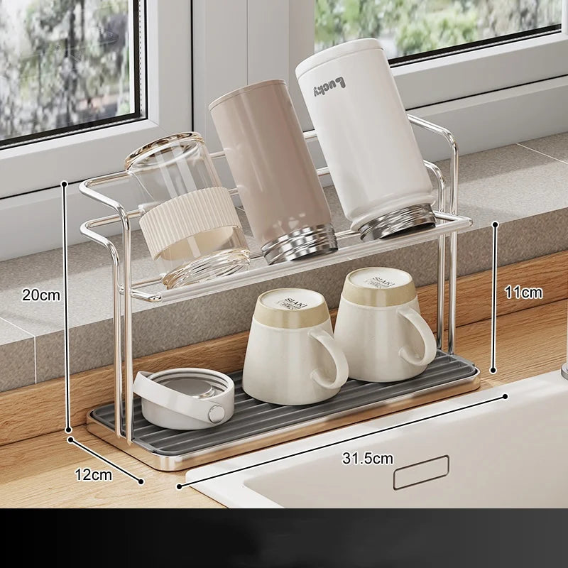 Estante de acero inoxidable de doble capa para tazas de cocina, soporte para tazas invertidas, bandeja de almacenamiento doméstica