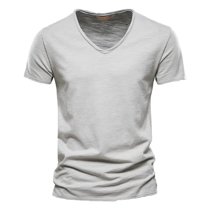Aiopeson 100% Algodón Hombre Cuello V Camiseta Ajustada de Confort Premium Casual
