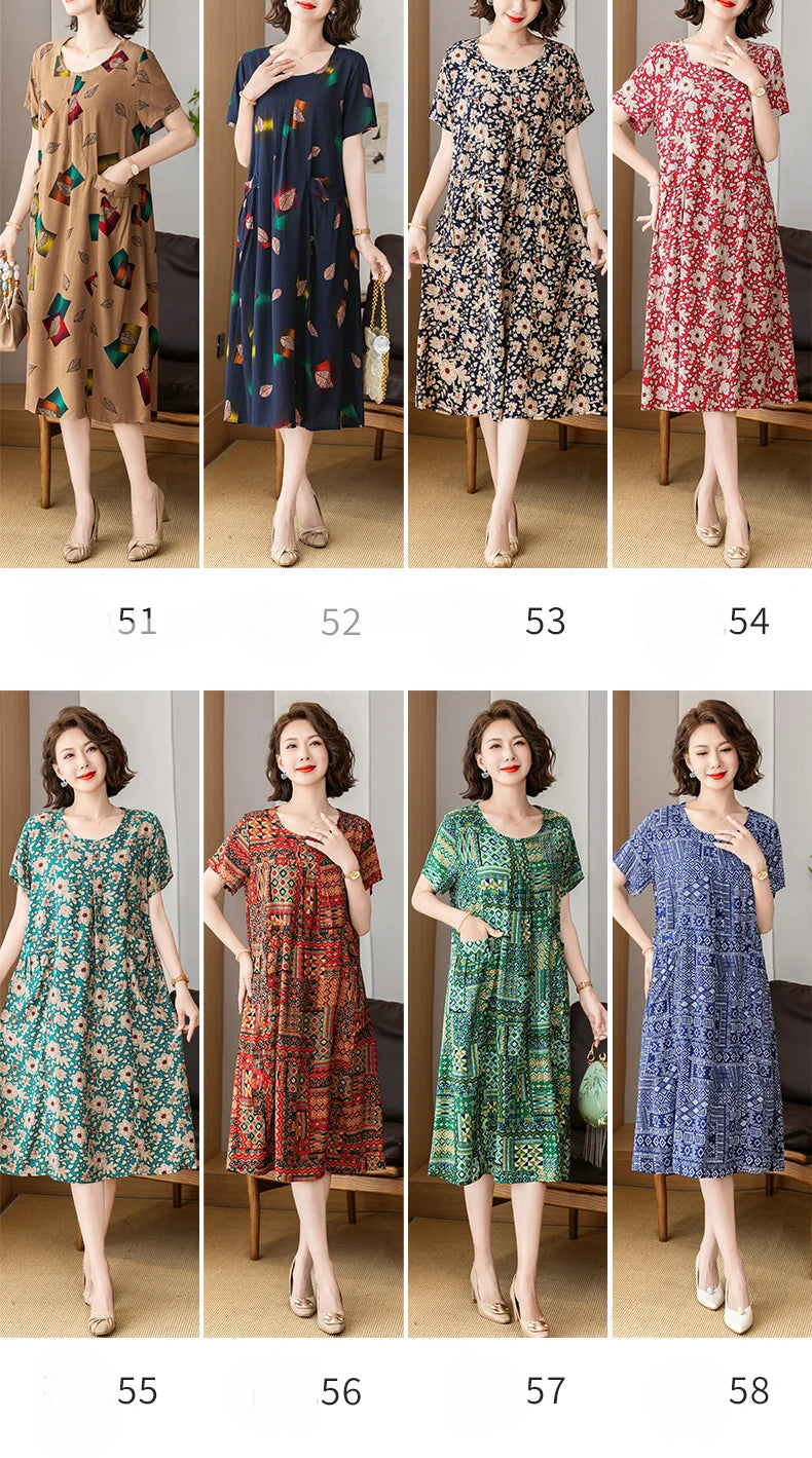 New 2025 Summer Dress Long Vintage Loose Women Elegant Sundress Dress Casual O-neck Dresses Print Plus Size