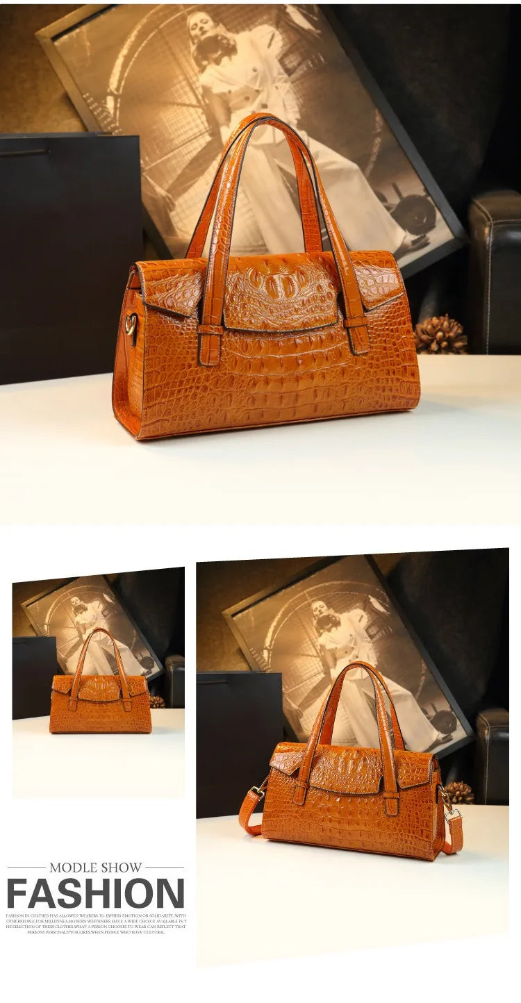 Crocodile Pattern Women's Bag 2026 New Style Messenger Bag Women's High-End Boston Pillow Bag Light Luxury Leather Shoulder Bag