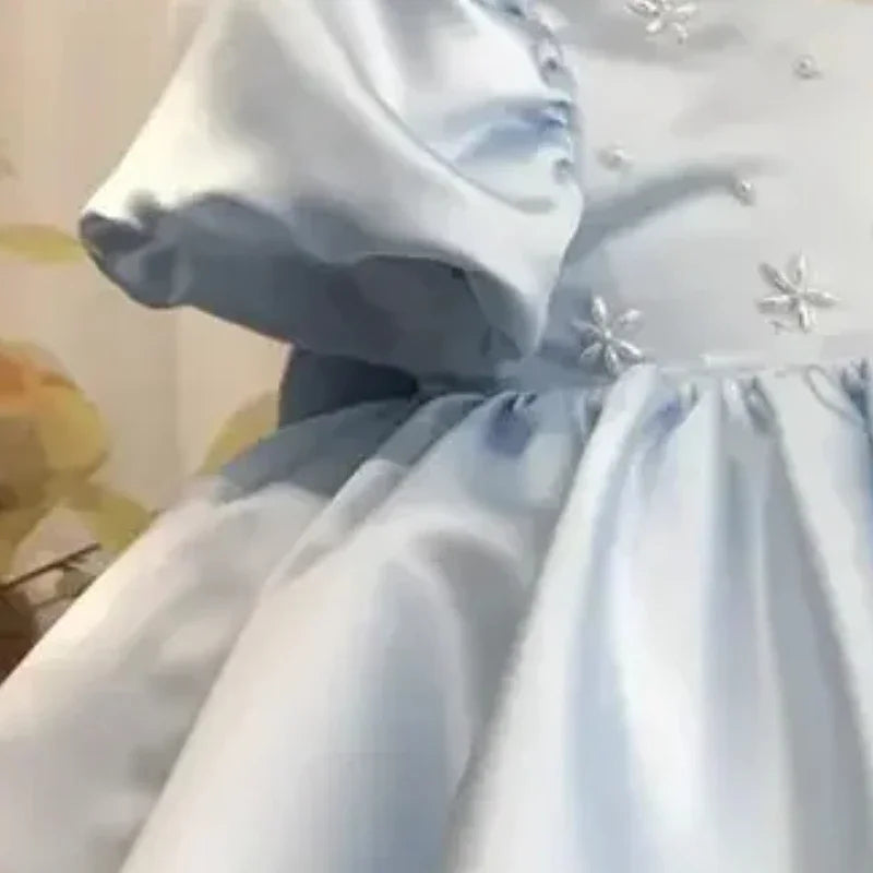 2026 Baby Girls Party Dress Blue Children Clothes Elegant Baptism Sleeves Plain Ball First Birthday Beading Puff Gowns