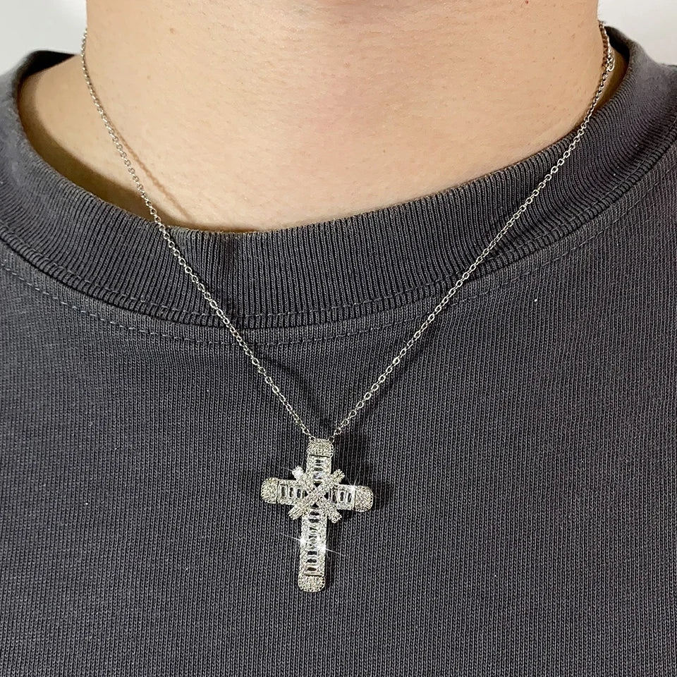 Classic Sparkling CZ Cross Pendant Necklace for Men