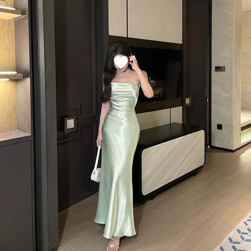 Elegant French Style Sling Satin Wrap Waist Slimming Long Dress Women's Fashion 2026 New Knitted Fabric Midi Skirt Dress