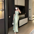 Elegant French Style Sling Satin Wrap Waist Slimming Long Dress Women's Fashion 2026 New Knitted Fabric Midi Skirt Dress