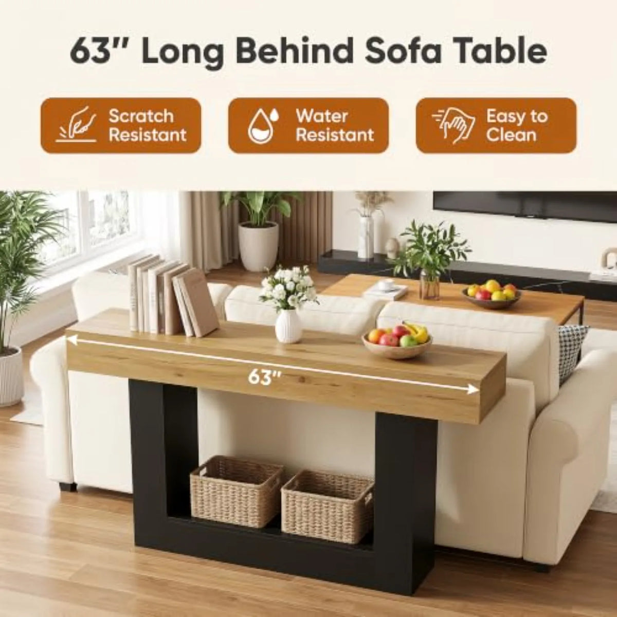 63" Console Table, 2-Tier Entryway/Sofa Table, U-Shaped Base, Brown | Storage Shelf for Baskets & Books; Scratch &