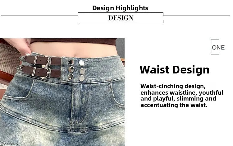 2026 American Pure Desire Spicy Girl Design Elastic Denim Skirt Half-length Pleated Cake Skirt Short Commute High Elasticity