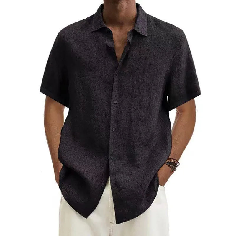 Men's Cotton Linen Button Short Sleeve Shirt Loose Fit Classic Collar Trendy Casual Summer Fashion Pure Color Youth Clothing