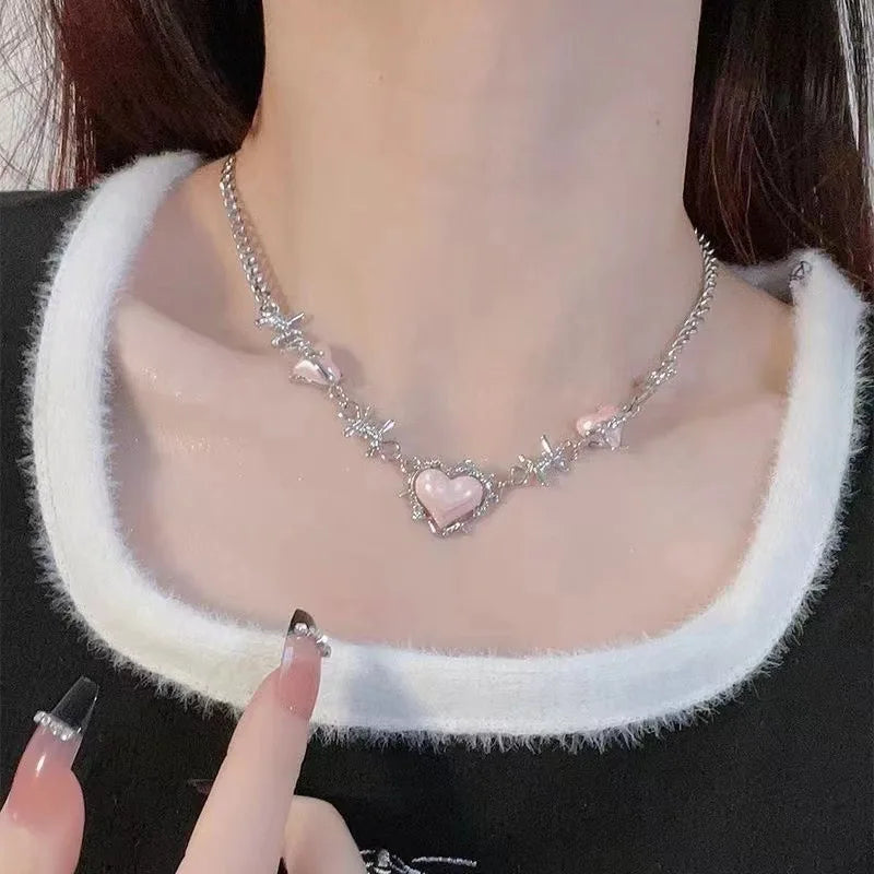 Star Cross Bowknot Pendant Necklace For Women'S Egirls Y2K Cool Neck Jewelry Clavicle Chain Original Korean Fashion