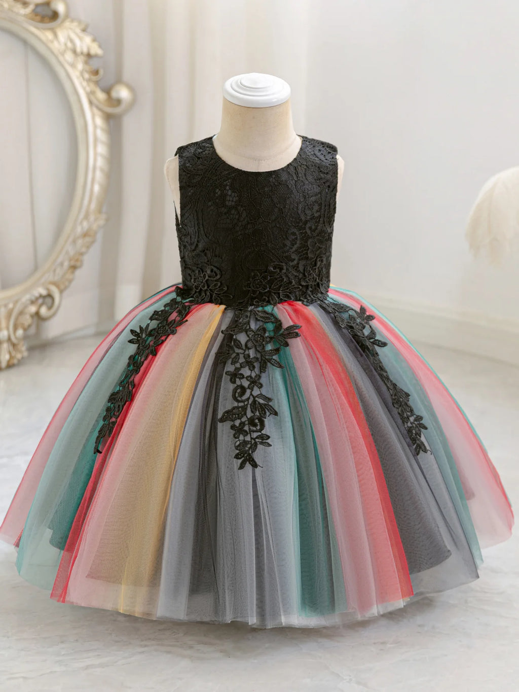 HETISO Little Girl Carnival Dress Rainbow Mesh Kid's Costumes Flower Birthday Ball Gown 3-10 Years