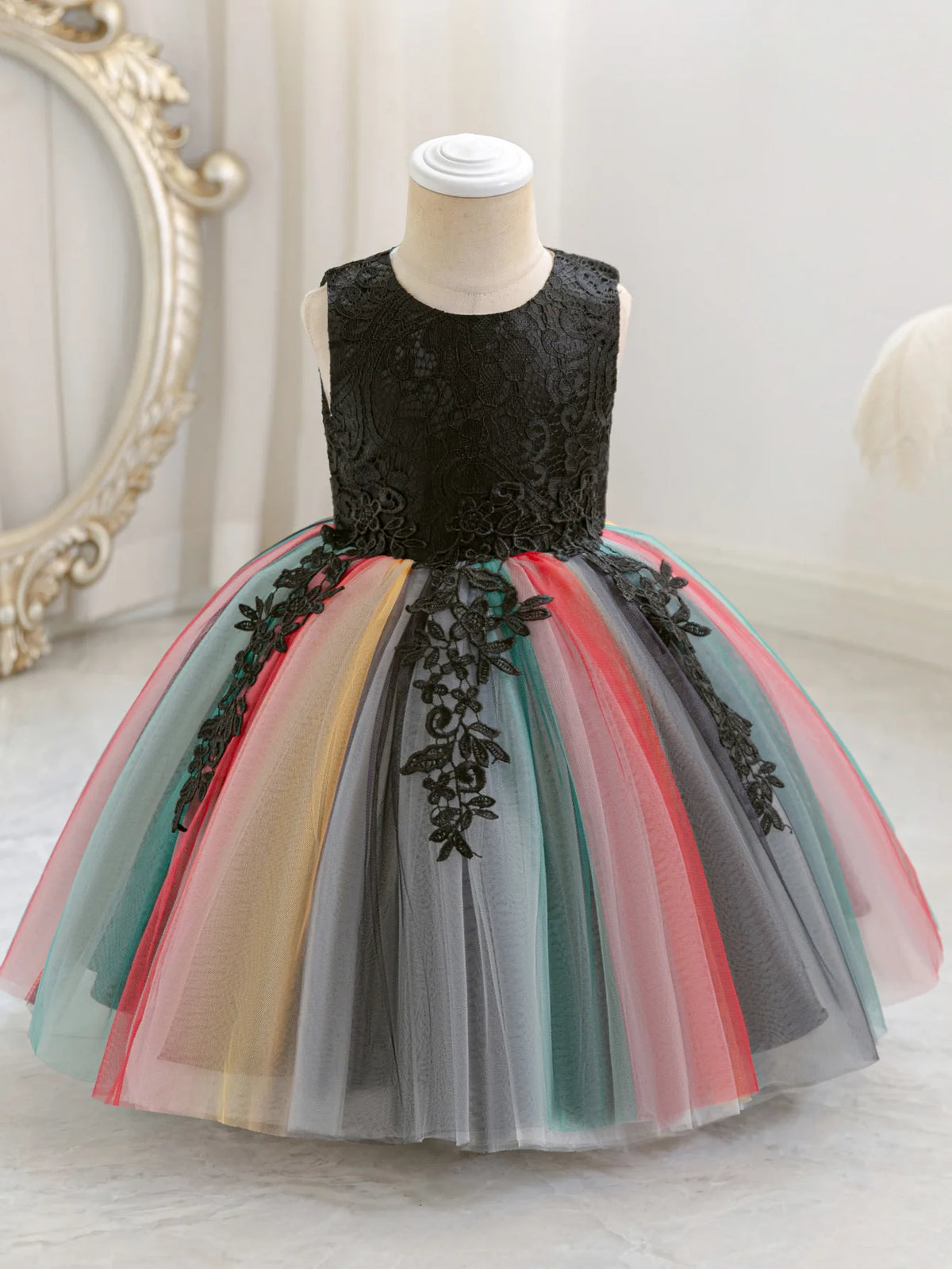 HETISO Little Girl Carnival Dress Rainbow Mesh Kid's Costumes Flower Birthday Ball Gown 3-10 Years