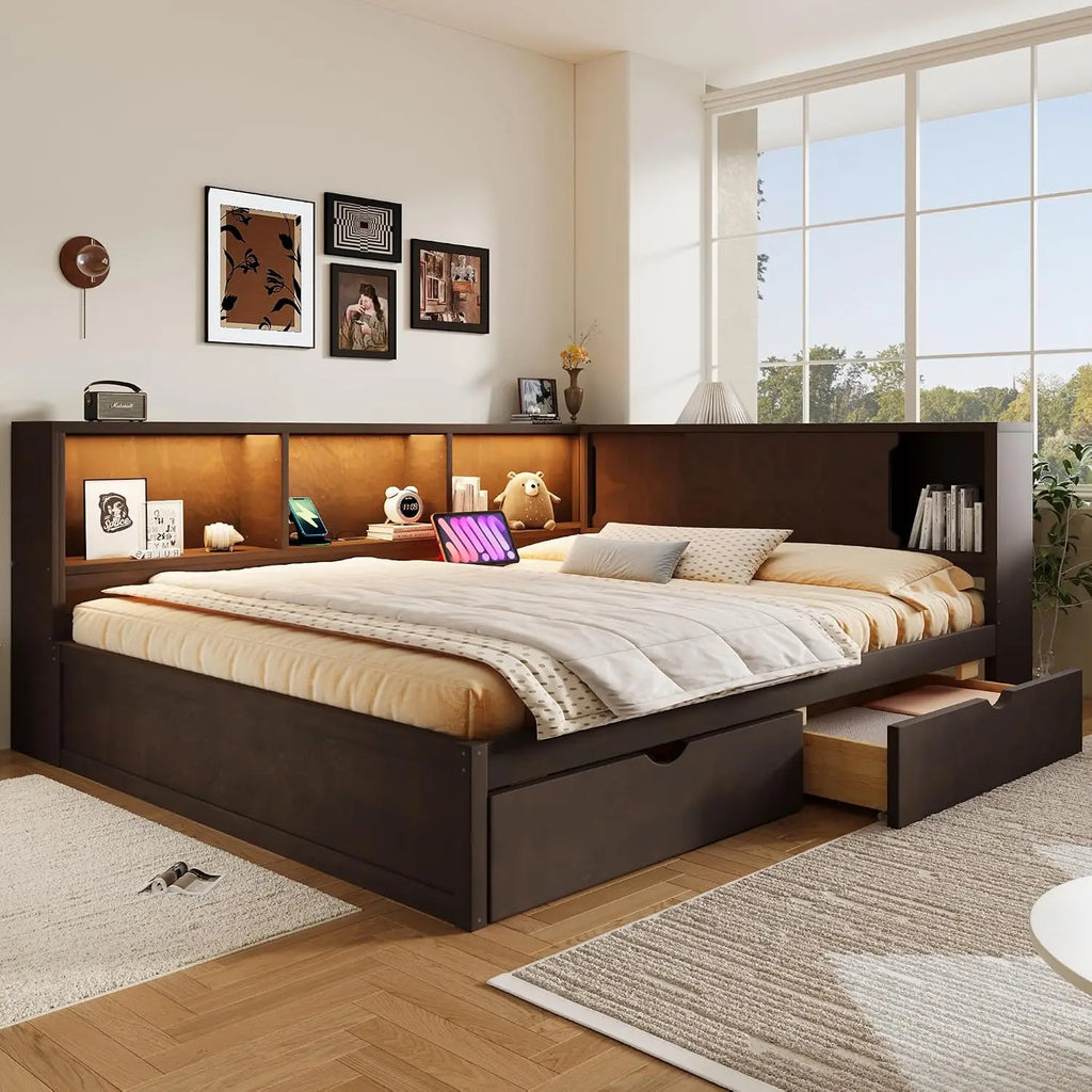 Queen Corner Bed with Storage Drawers & Bookcase, L-Shaped Daybed with LED & USB, Wood Frame for Living Room Bedroom, Customized