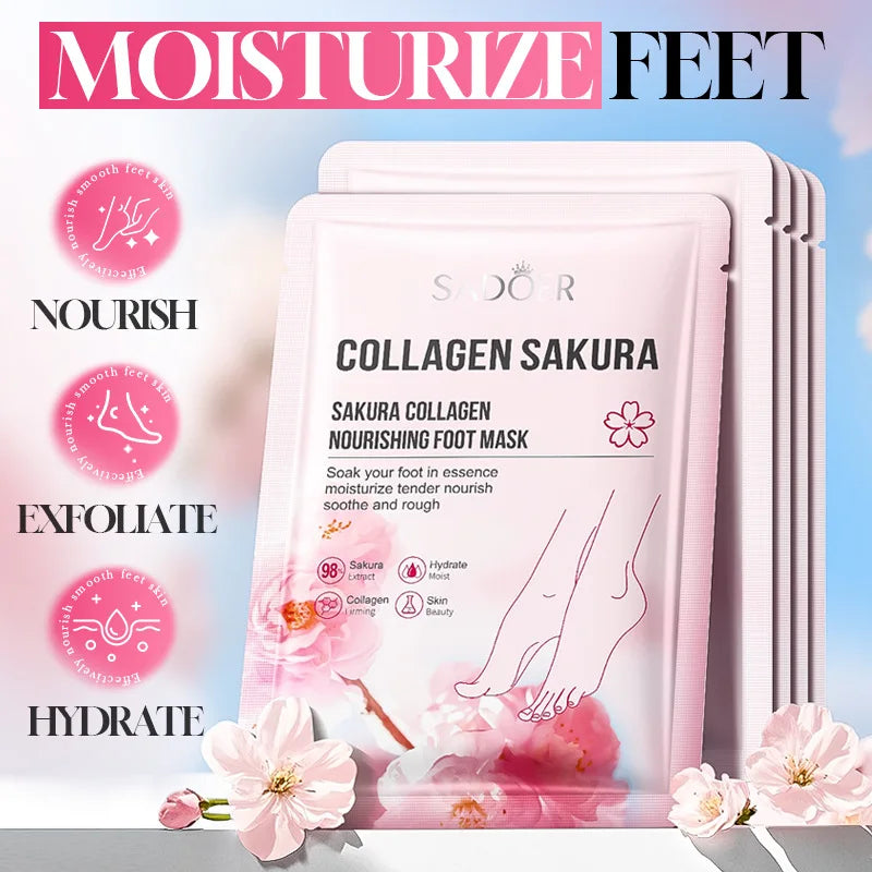 5 Pairs SADOER Collagen Sakura Nourishing Foot Mask Moisturizes Exfoliates And Nourishes Tender Smooth Feet Skin Care Masks