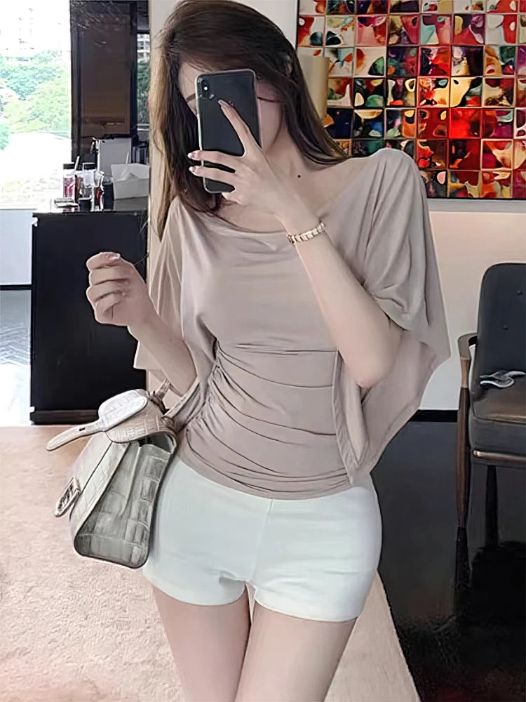 Sexy Summer Off Shoulder T shirt Women Elegant Batwing Short sleeve Cowl Neck Tops Korean Chic Tight Tshirt Lady Tees 2025 New