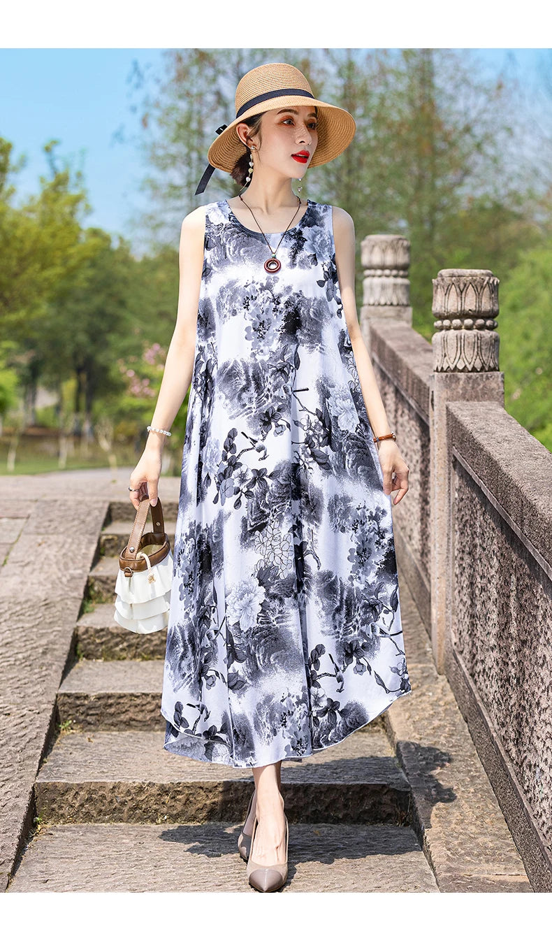 New Women Summer Dresses Vintage Dress FashionRobe Plus Size Sleeveless Femme Casual Print Dresses