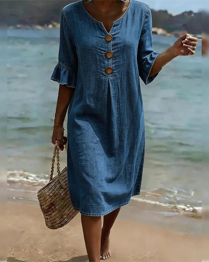 Simple Casual Women's Solid Color Midi Dress V Neck Button 3/4 Sleeve Loose 2026 New Summer Beach Vacation Dresses With Pockets