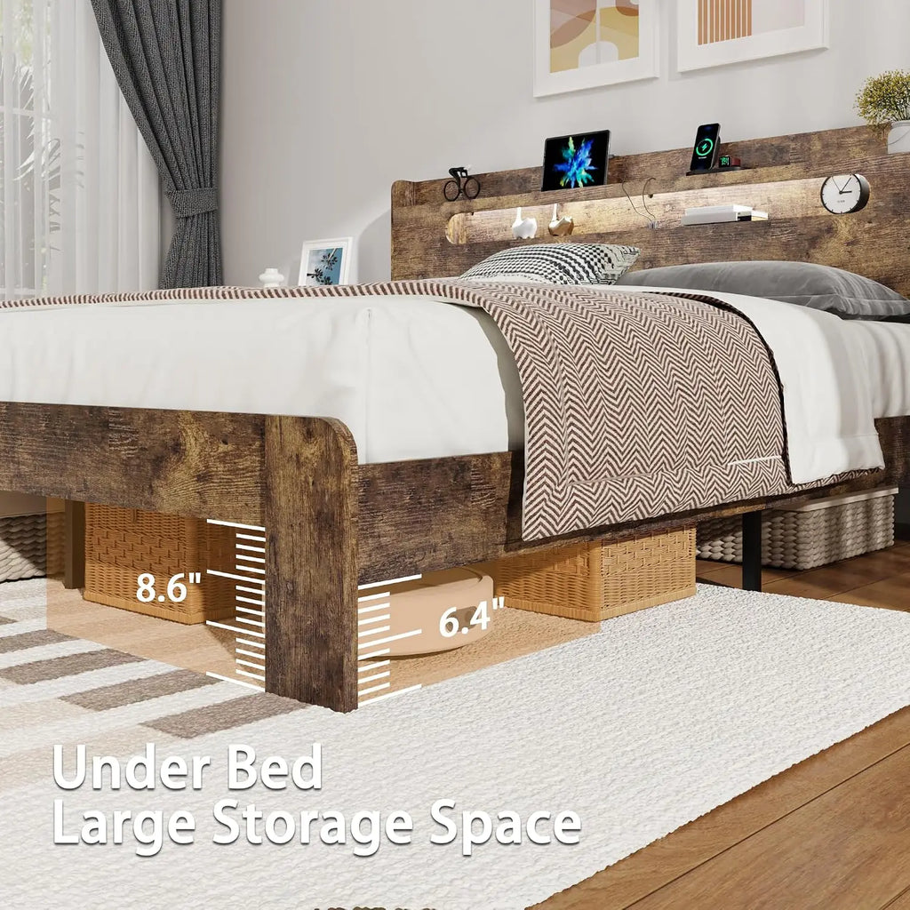 King Wood Platform Bed with Storage Headboard, LED Lights & Charging Station, Wood Slat, No Box Spring, Assembly, Customized