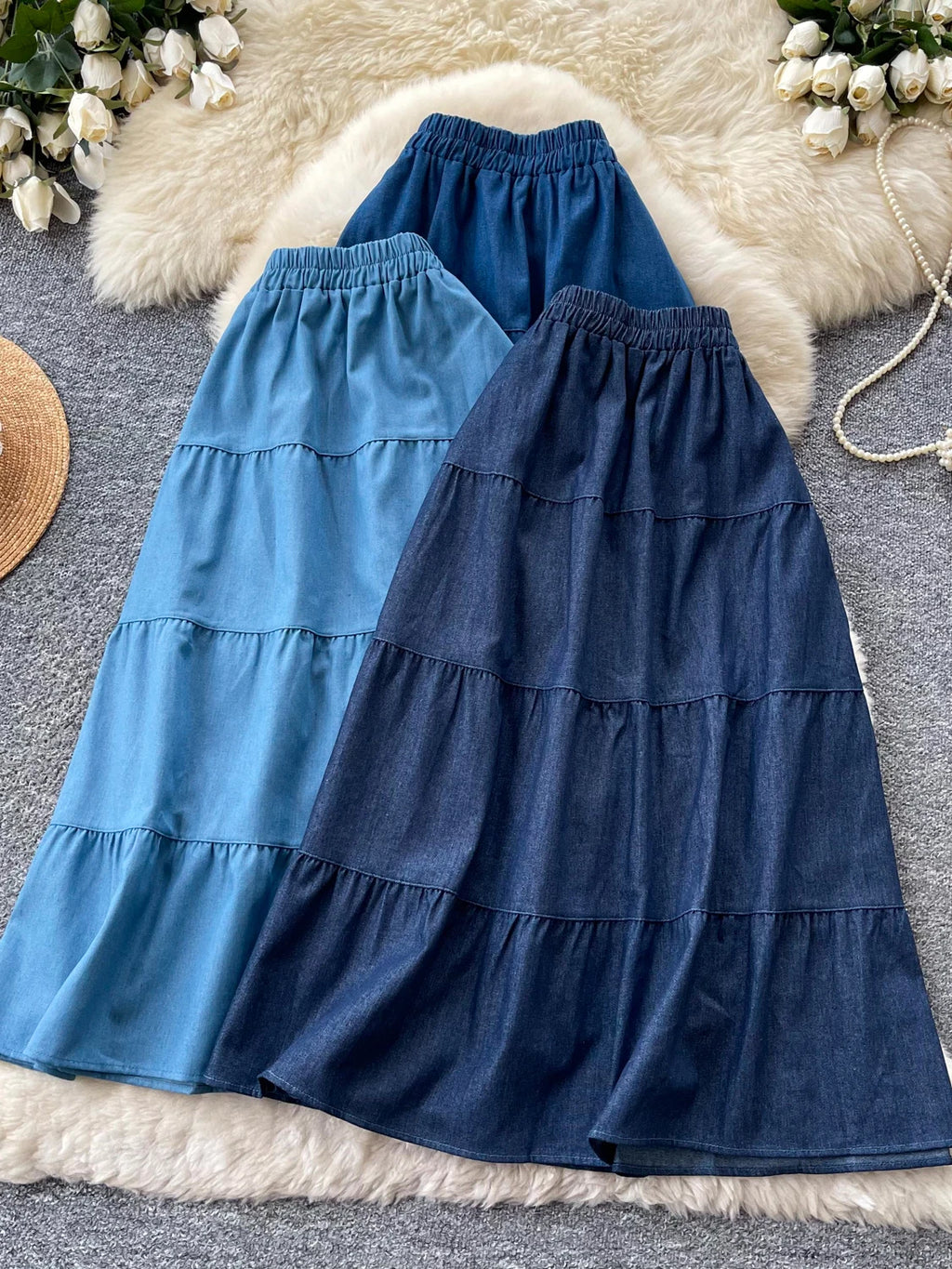 Korean Style A-Line  Skirt Women's Summer Slimming Elastic Waist Denim Patchwork Skirts City Commute Universal Long Skirts