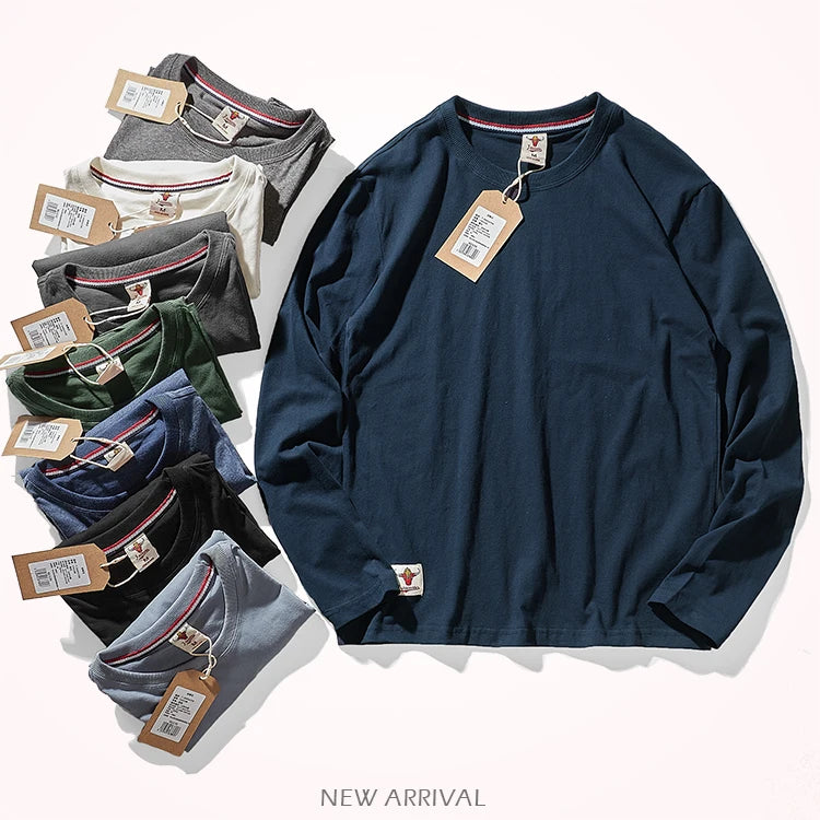 Autumn American Retro Long Sleeve O-Neck Solid Color T-Shirt Men'S Fashion 100% Cotton Washed Old Casual Bottoming Tops