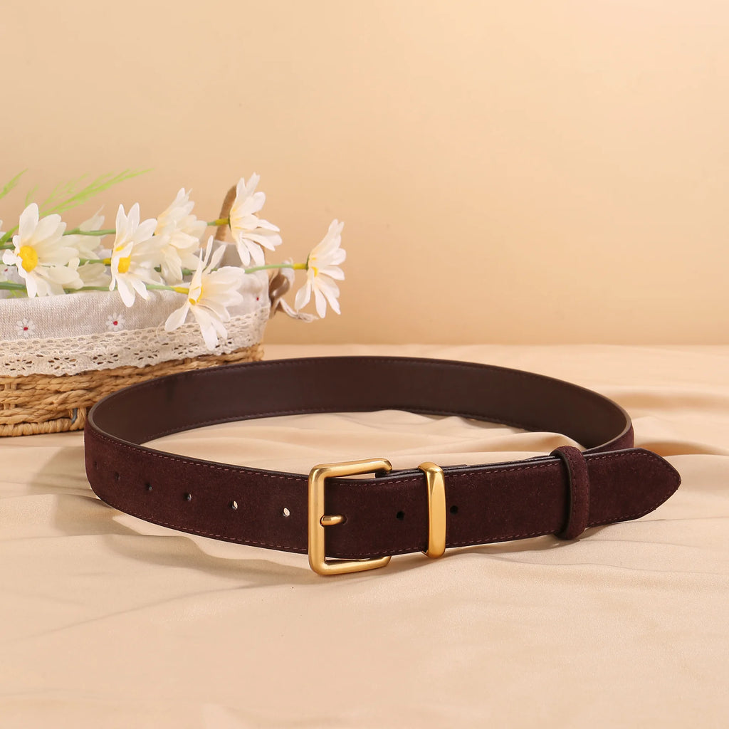 Luxury Suede Cowhide Leather Belt for Women, Vintage Style with Gold Buckle, 3.5cm Wide Waistband for Dresses & Jeans