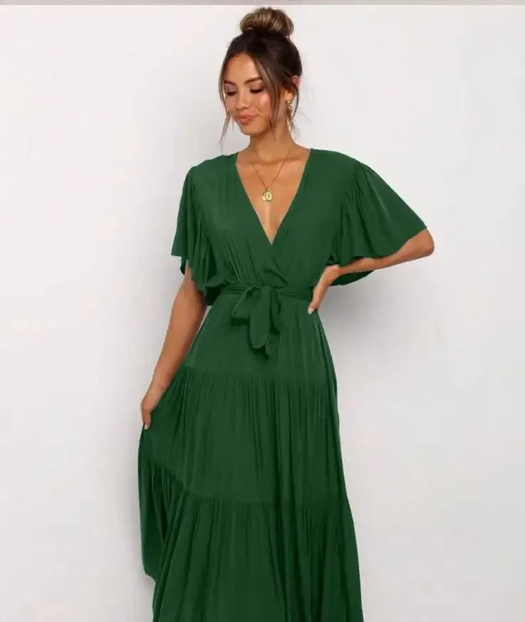 Summer Bohemian Long Dress Pure Color V-Neck Short Sleeve Empire Waist Design Floor Length with Belt Loose Fit Women's Dress