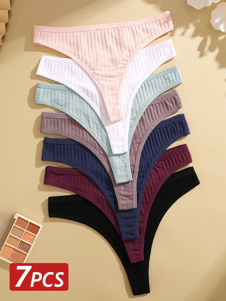 Cotton G String Panties For Women 7 Pack Soft Ribbed Low Waist Thongs Solid Color Lingerie Set