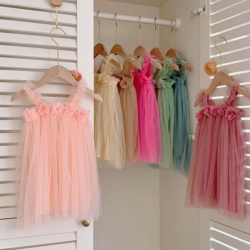 Kids Sweet Mesh Dress 1-6T Summer Children Mesh Tulle Princess Slip Tutu Dresses Girls 6 Colors 3D Flower Mermaid Birthday Dress