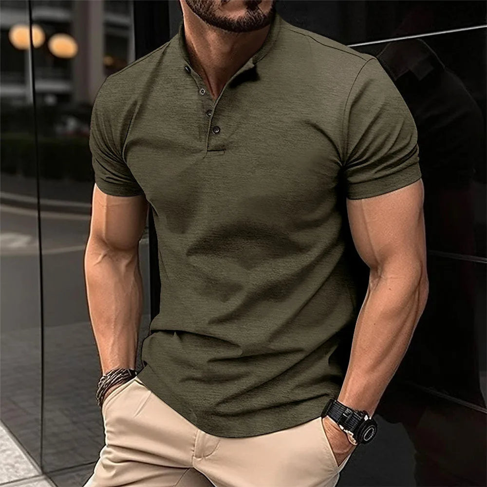 Summer New Men's Cotton Button Short Sleeve Henley Neck T-Shirt Casual Solid Color Breathable Versatile Fashion Slim T-Shirts ﻿