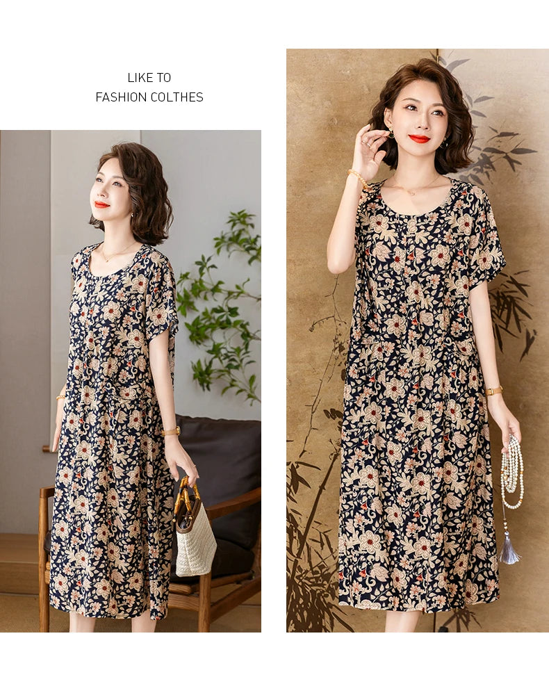 New 2025 Summer Dress Long Vintage Loose Women Elegant Sundress Dress Casual O-neck Dresses Print Plus Size