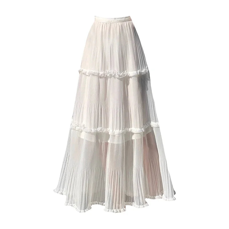 Sweet Pleated Half Skirt Korean Style Holiday Photo Long Atmosphere Spring Summer Cotton Blend Polyester Fiber Midi Skirt