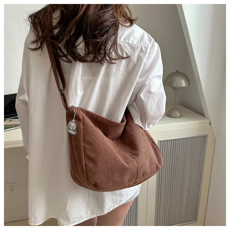 Women’s Corduroy Shoulder Bag, Casual Striped Large Capacity Tote with Zipper Closure, Cute Hat Patch, Perfect for Everyday Use