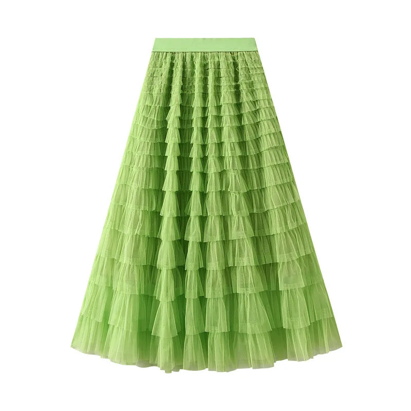 HOT Solid Multilayer Ruffle Mesh Skirt Women Boho High Waist Long Maxi Tulle Skirt Spring Summer Party Women's Clothing