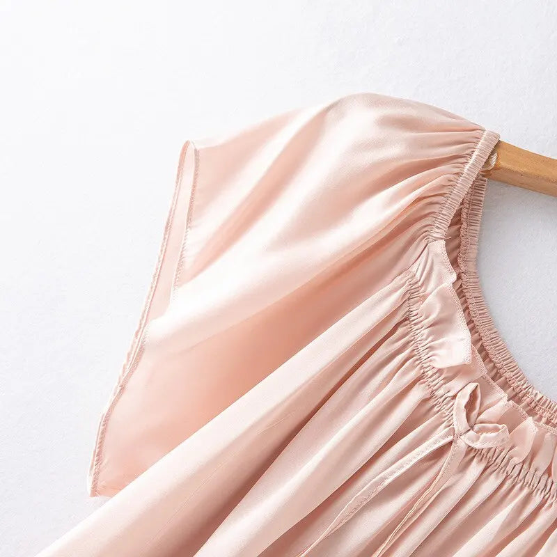 Loose 100%Silk Short Sleeve Nightgown, Summer Medium-long Satin Sleepwear Woman