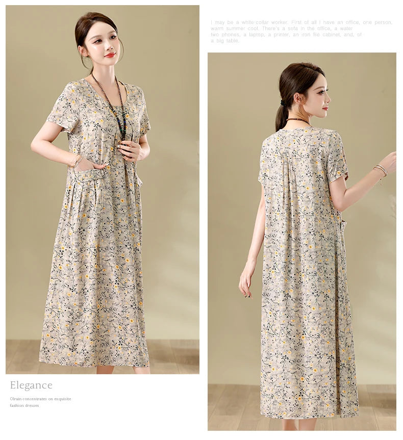 New Fashion Casual Summer Dresses For Women 2026 Loose Plus Size Clothes Elegant printting O-neck Short Sleeve Woman Clothing