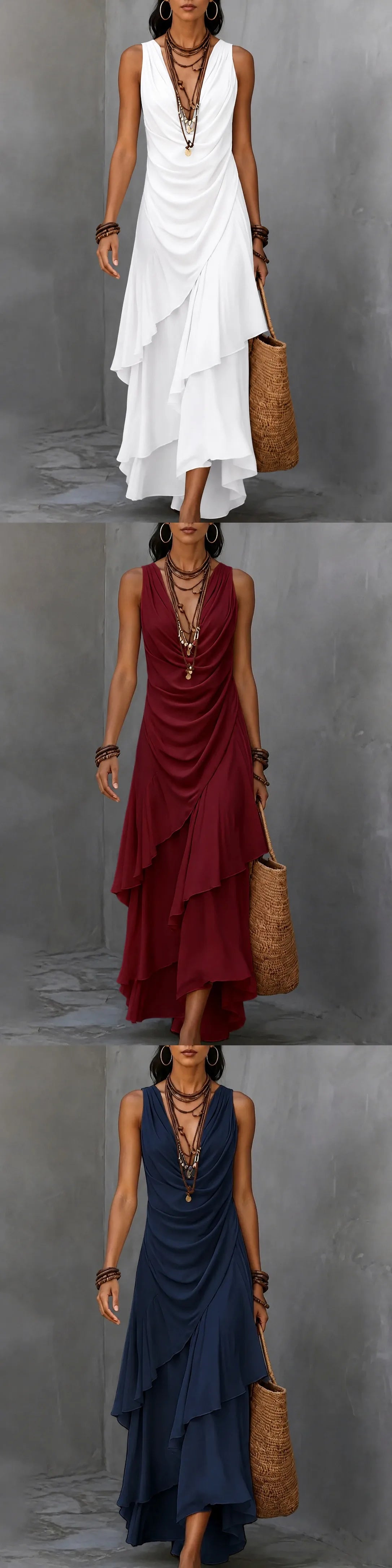 Womens V Neck Sleeveless Dress Summer Casual Long Dresses with Ruffle Hem Flowy Tiered Maxi Dresses