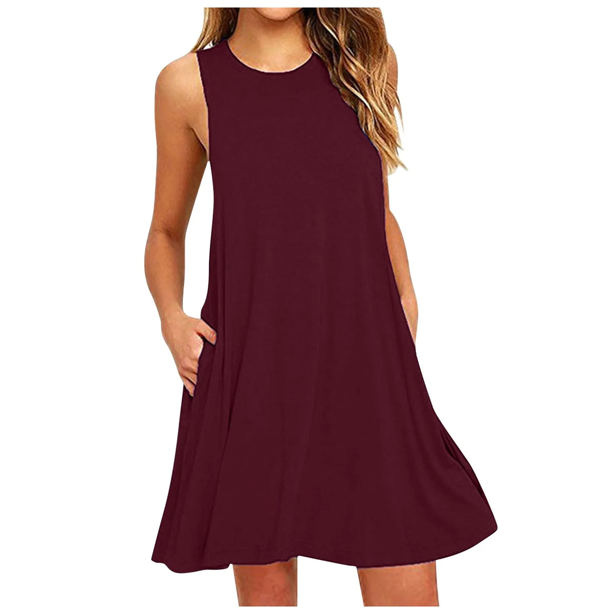 Women's Dress Summer Casual T Shirt Dresses Beach Cover Up Plain Pleated Tank Pockets Dress Sleeveless Solid Color Sundress