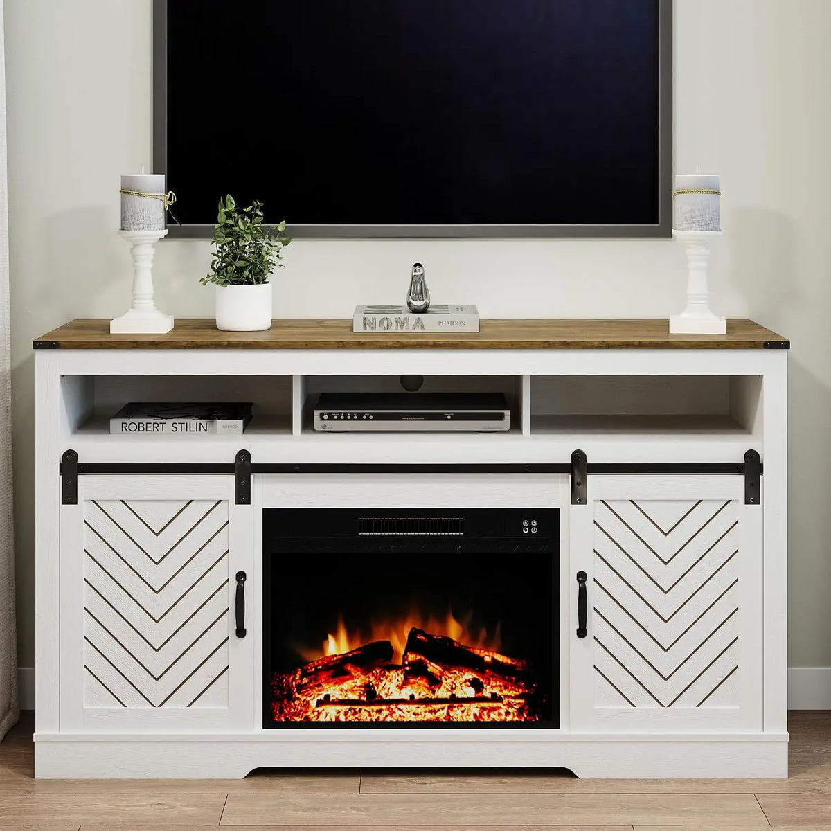 Black Farmhouse TV Stand with Sliding Bar Door & 23" Electric Fireplace with Remote for 65+ Inch TV Living Room, Customized