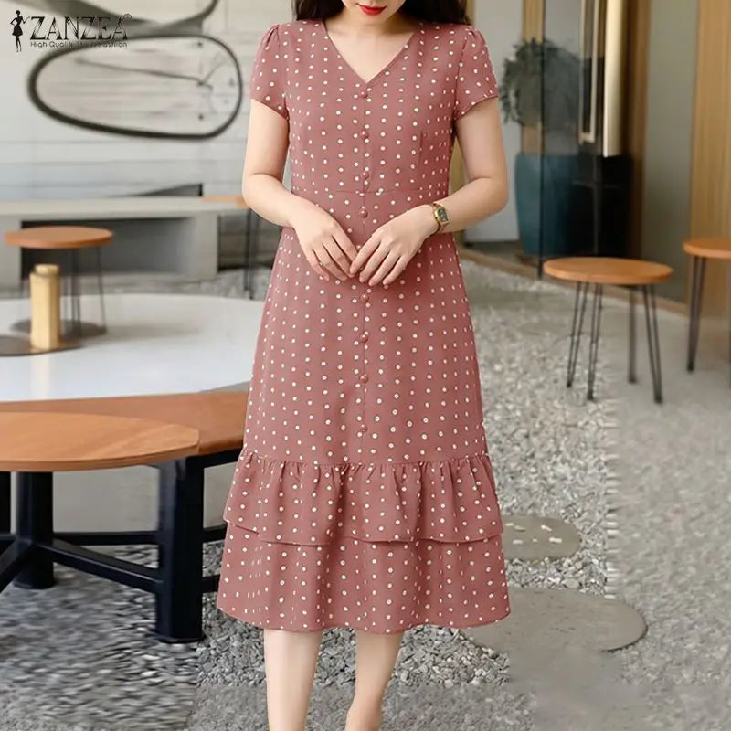 ZANZEA Summer Polka Dots Printed Women Dress Elegant Casual Holiday Beach Ruffled Sundress V Neck Short Sleeve Work Midi Dresses