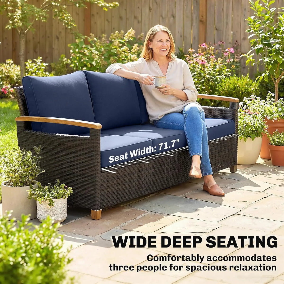 3 Seater Outdoor Wicker Sofa with 4" Foam Cushions for Patio Garden, Customized