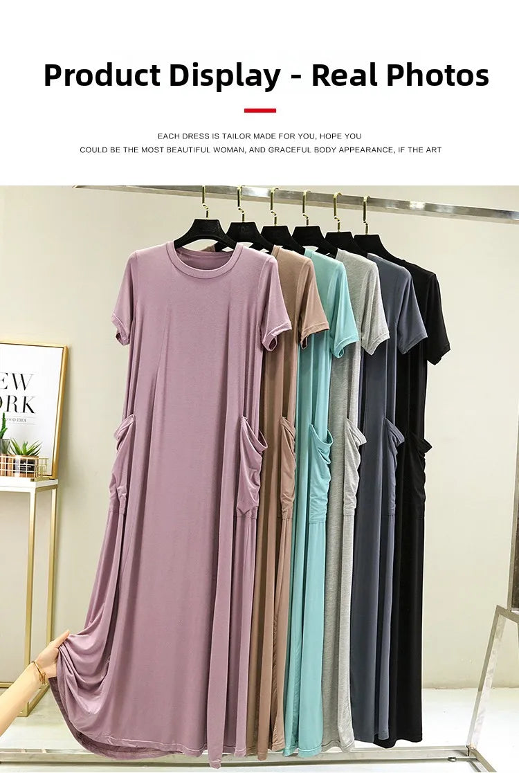 Casual Modal Sleep Dress Women Summer Large Size round Neck over Knee Long Dress Loose Slimming Short Sleeve Dress