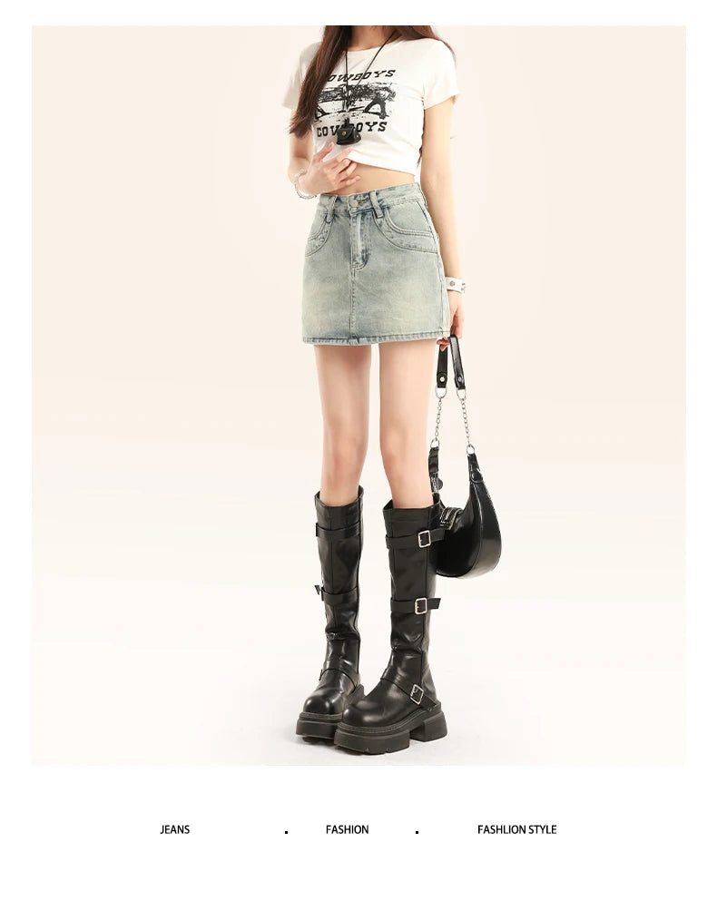 Light Blue Spicy Girl High Waist Denim  Skirt Women's A-Line Bodycon Short Skirt Summer New Style Slimming Anti-Light
