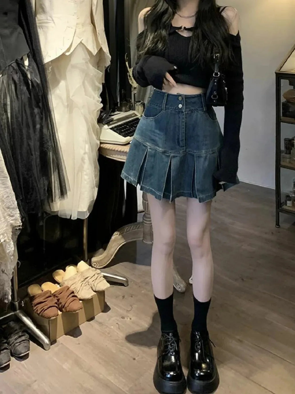 High-Waisted Denim Skirt Women's New Pleated Retro Blue Skinny A-line Flanged Wrap Hip Skirt