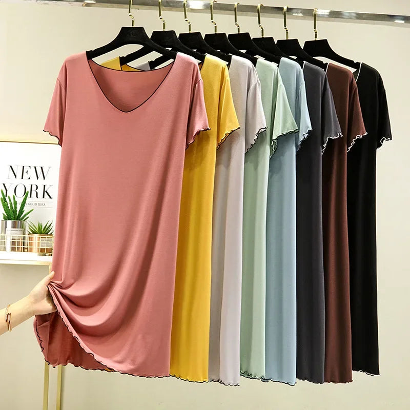 Loose Casual Modal Short Sleeve Dress V-Neck Base Skirt Thin Summer Floral Edge Sleep Dress Versatile Summer Dress