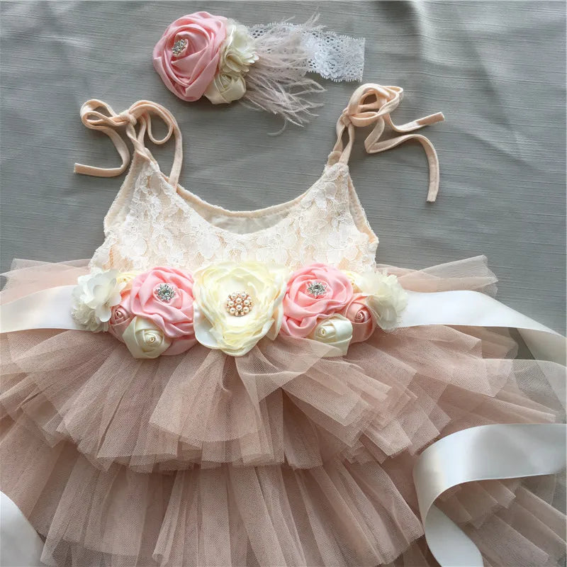 New Born Baby Girls Birthday Dress for Kids Flowers Girls Party Tutus Costume Belt Headband 3pcs Outfit Set Princess Vestidos